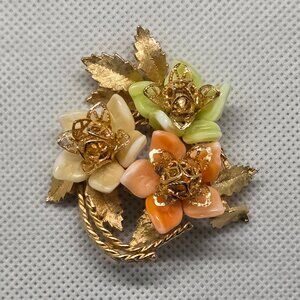 Vintage 1950's Corocraft Signed Brooch Flower Bouquet Petals Milk Glass